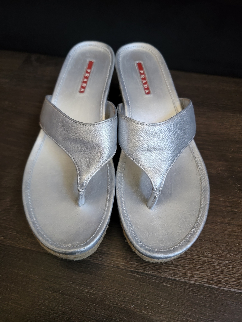 Prada Metallic Silver Leather Espadrille Wedge Thong Sandals - Picture 7 of 9